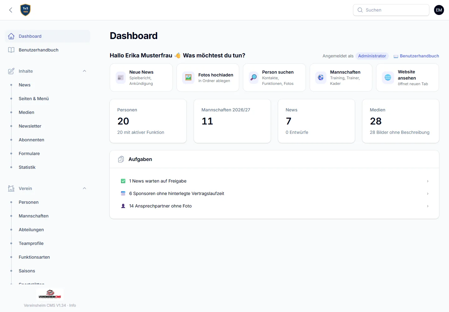 Das Dashboard zeigt, was zu tun ist.