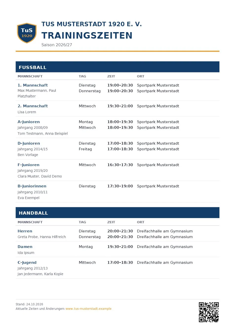 Trainingszeiten als PDF-Aushang